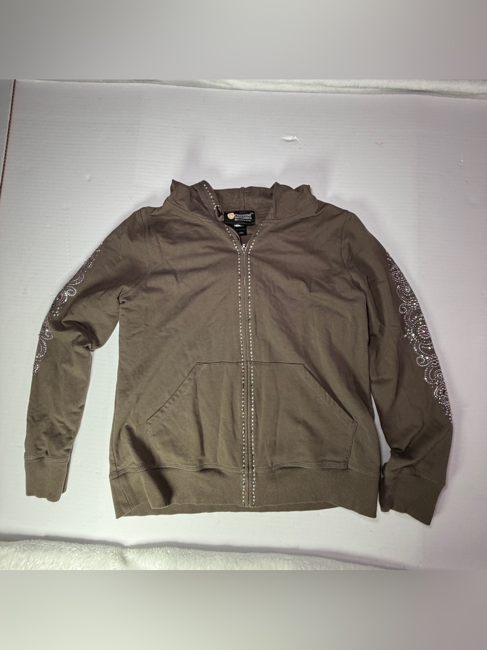 Christine Alexander Brown Hooded Zip Jacket with Rhinestone Trim